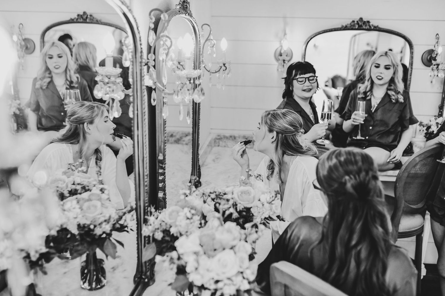 Candid bridesmaid getting-ready photos at The French Farmhouse in Collinsville Texas
