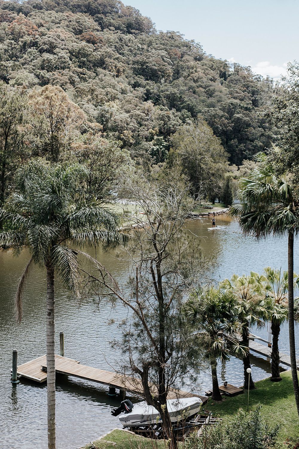 Wooden dock on a calm river surrounded by lush palm trees and dense green hillside forest in a tropical setting.