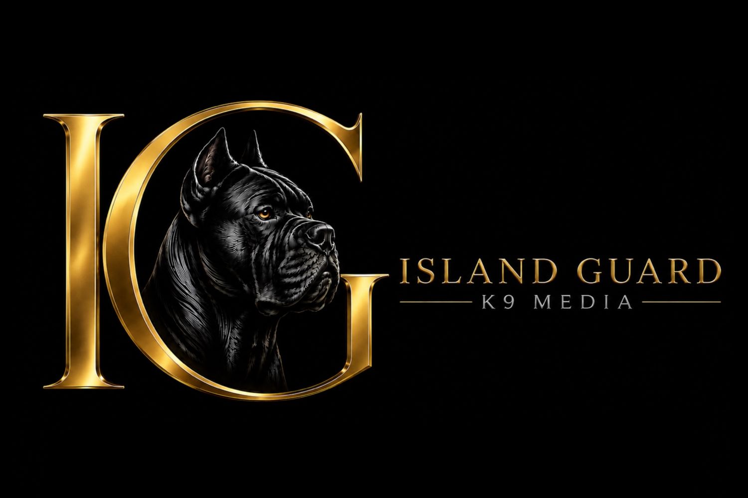 Gold IG logo with a black Cane Corso dog illustration for Island Guard K9 Media on black background.