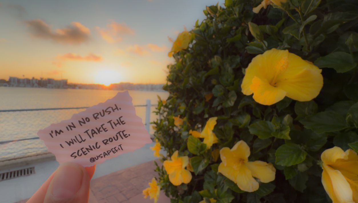 Hand holding a note saying 'I'm in no rush, I will take the scenic route' at sunset with yellow flowers.