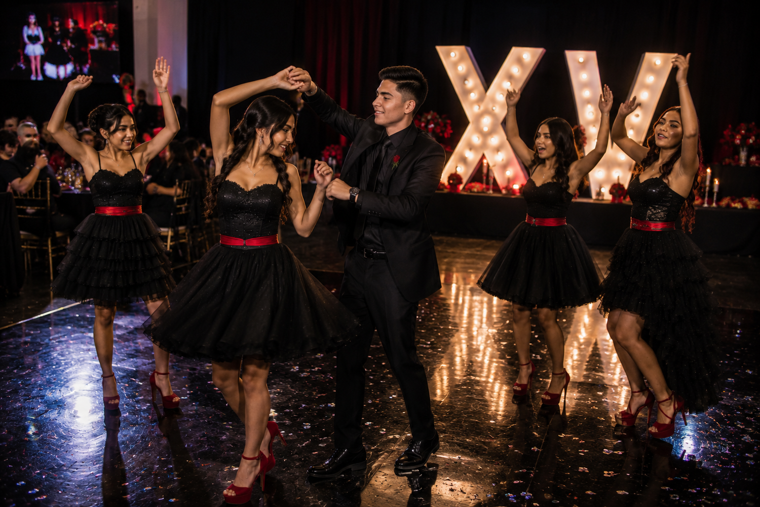 All black Quinceañero theme combines formal style, black tuxedo, luxury decor and modern details for a boy's 15th birthday celebration!