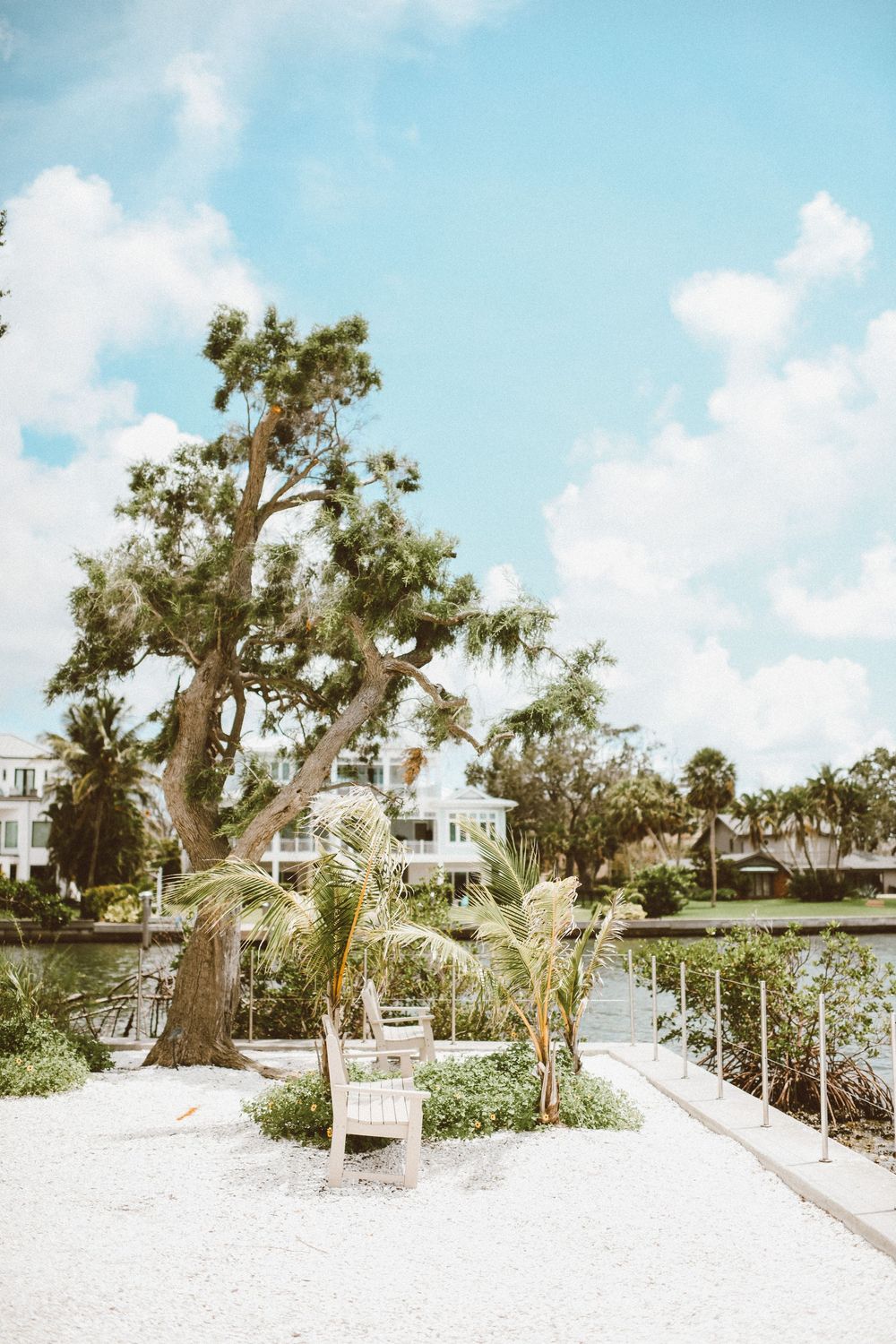 Tropical waterfront scene with palm trees, a wooden bench, white gravel path, and luxury homes under a blue sky.