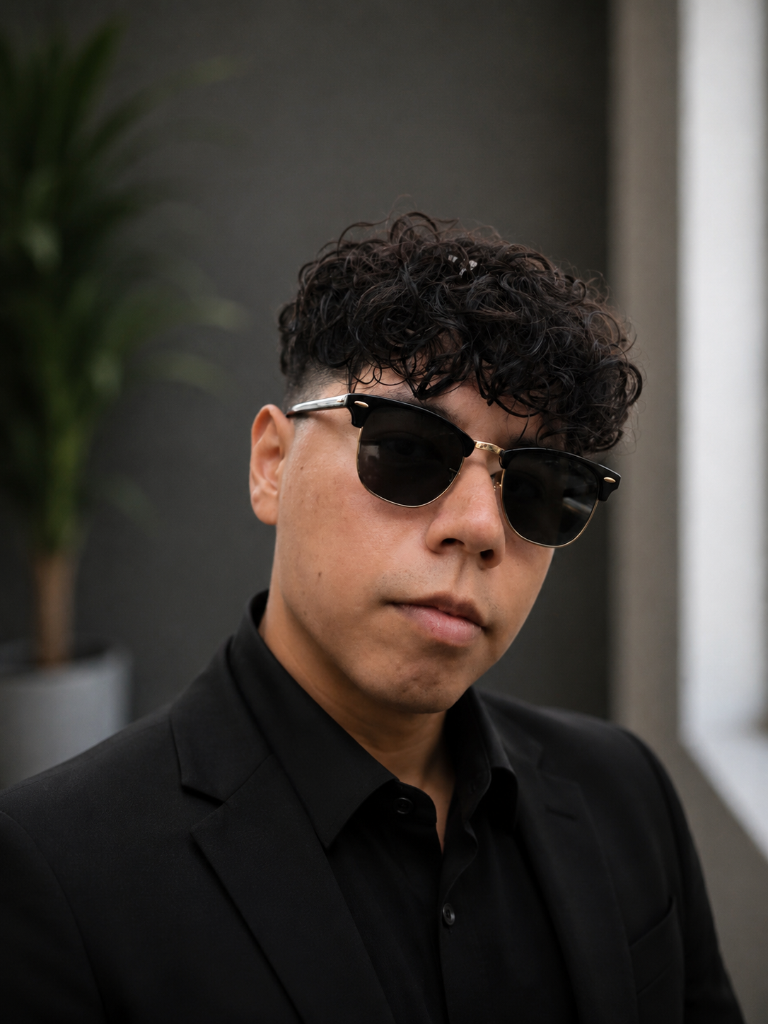 Young man with curly hair wearing black sunglasses and a black suit jacket poses confidently indoors.