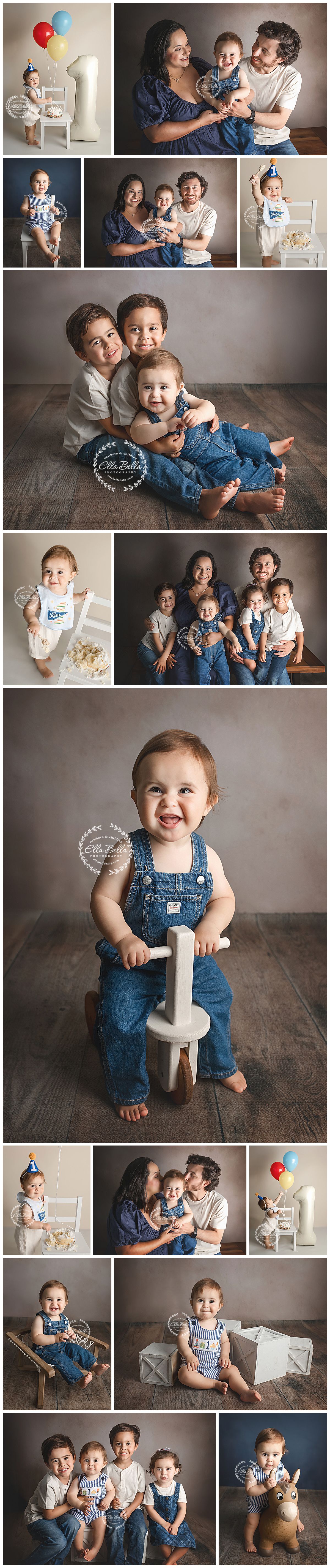 A baby boy in denim overalls celebrates his first birthday in a professional studio photo collage with family portraits.