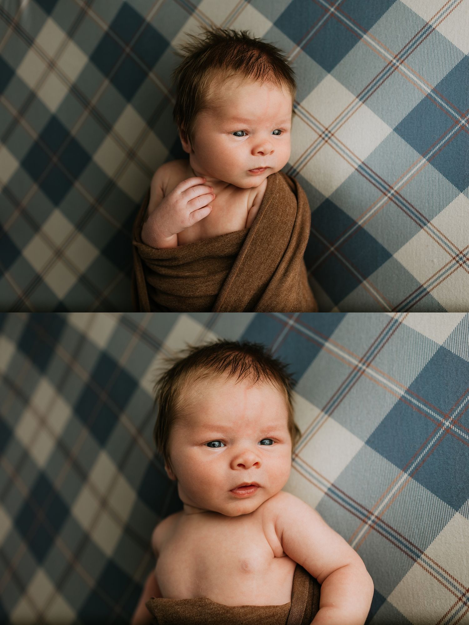 Newborn baby wrapped in brown swaddle on plaid blanket, alert with dark hair, captured in two adorable posed portrait photos.