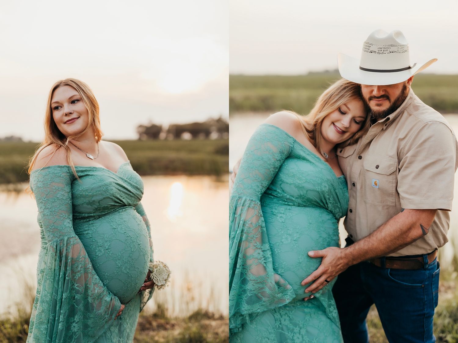 Pregnant woman in teal lace maternity gown poses outdoors near water with man in cowboy hat at golden hour.