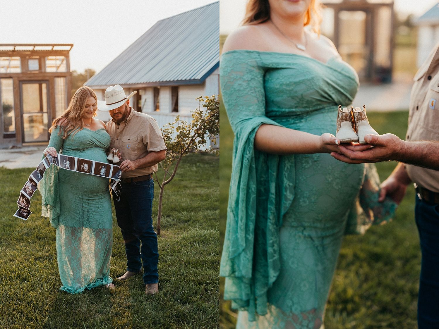 Pregnant woman in teal lace gown holds ultrasound photos with partner outdoors during maternity photoshoot.