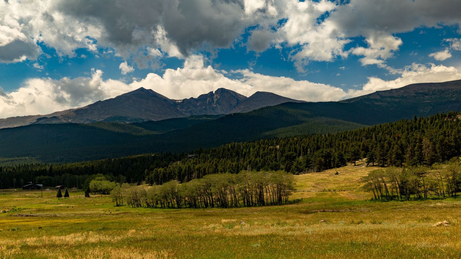 Scenic mountain landscape with green forests, golden meadow, and dramatic clouds in blue sky.