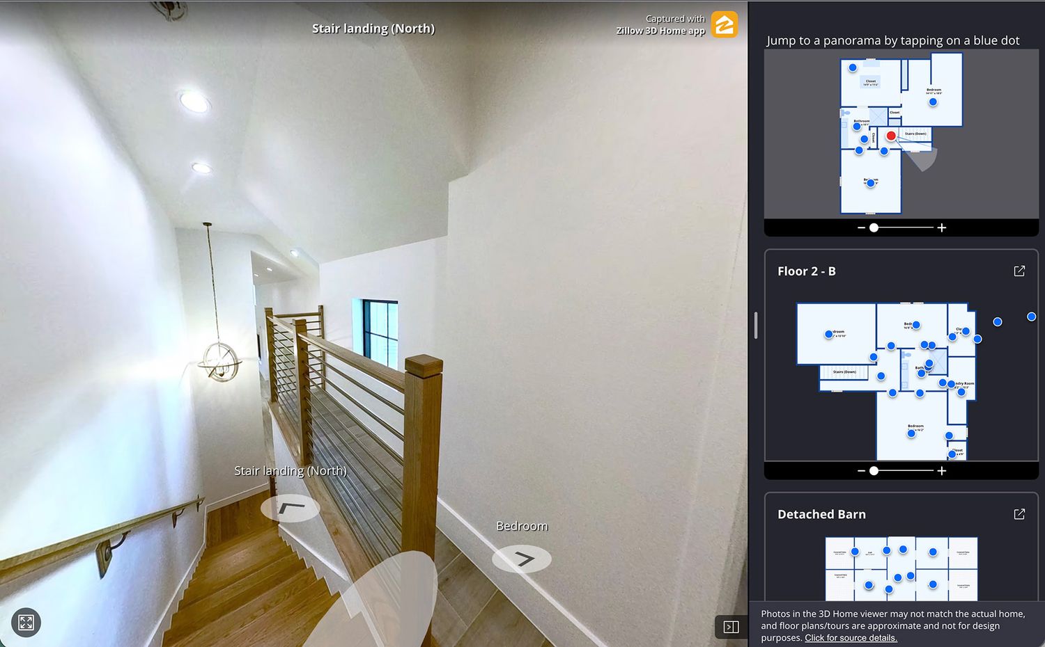 Virtual tour view of a modern staircase with cable railing and wood treads, with floor plan thumbnails for floors and a detached barn.