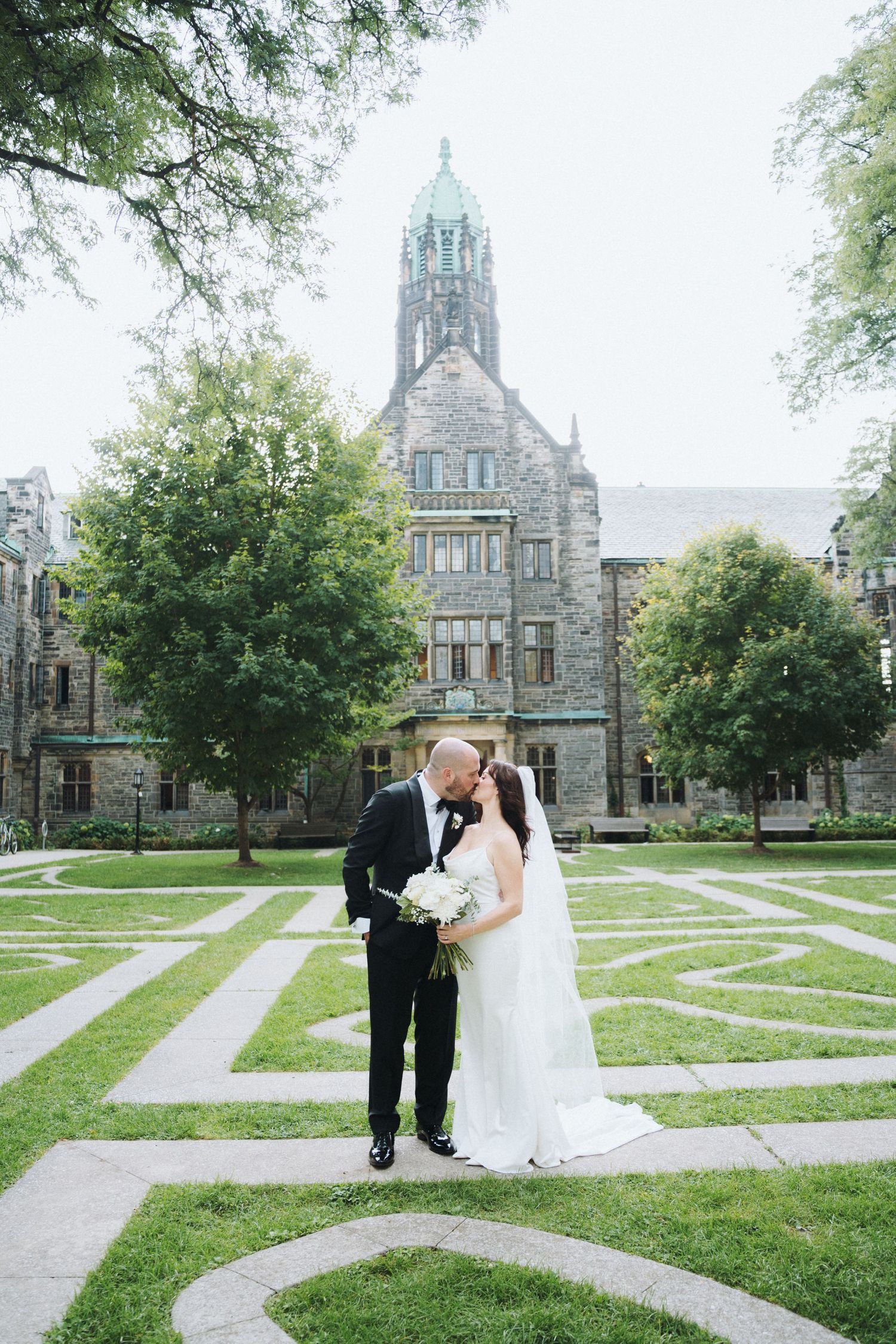 A collage of outdoor wedding photos with garden and historic stone building views.