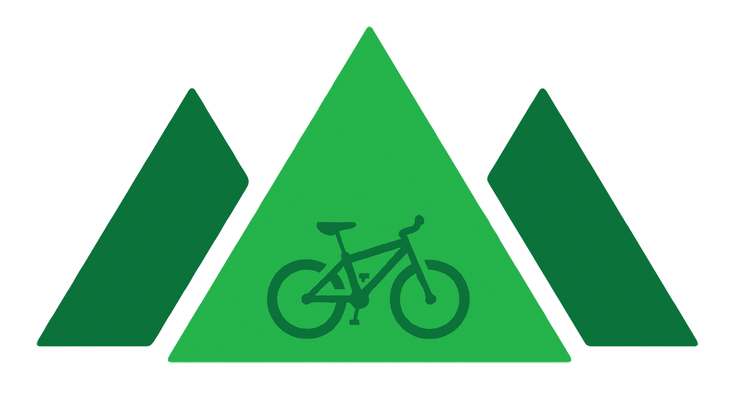 Green mountain bike silhouette centered on bright green triangle, flanked by two dark green triangles, outdoor cycling logo.