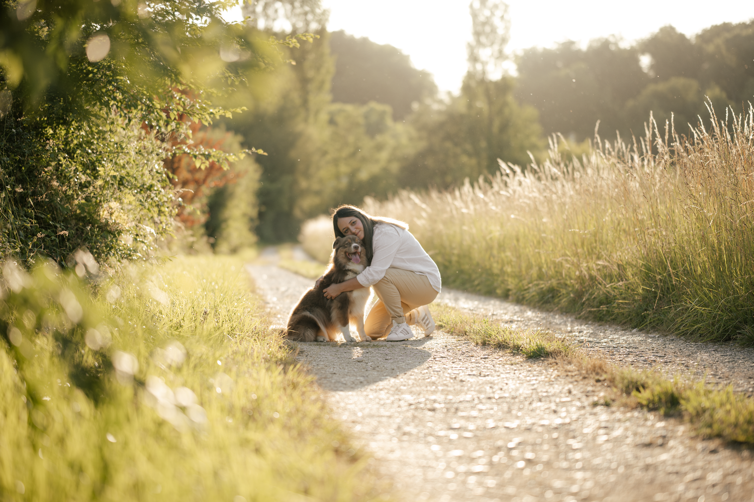 une femme et son chien à contre jour se font un câlin