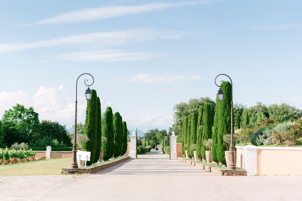 Elegant tree-lined driveway with cypress trees and ornate lamp posts leading to a French estate.
