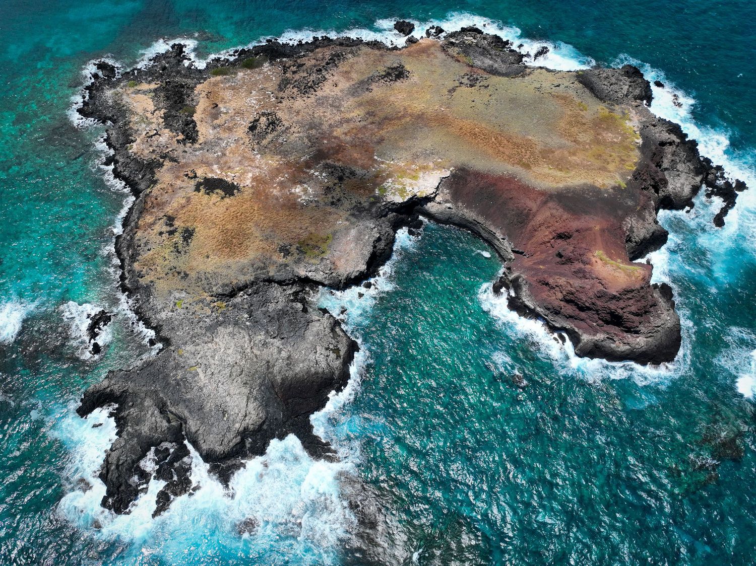 Aerial view of a small rocky volcanic island surrounded by turquoise ocean waves and coral reefs.