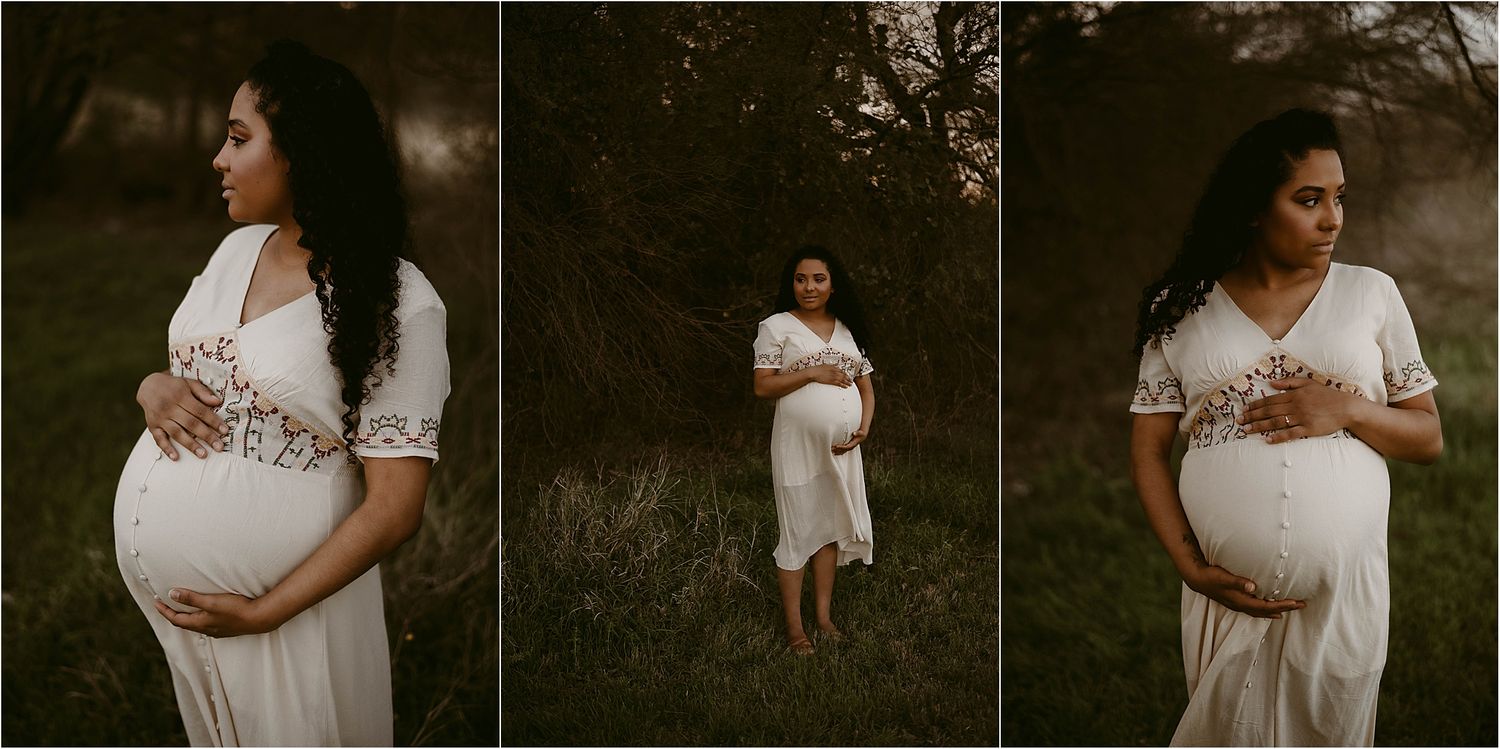 A collection of three maternity portraits showing a woman in a white dress outdoors at dusk.