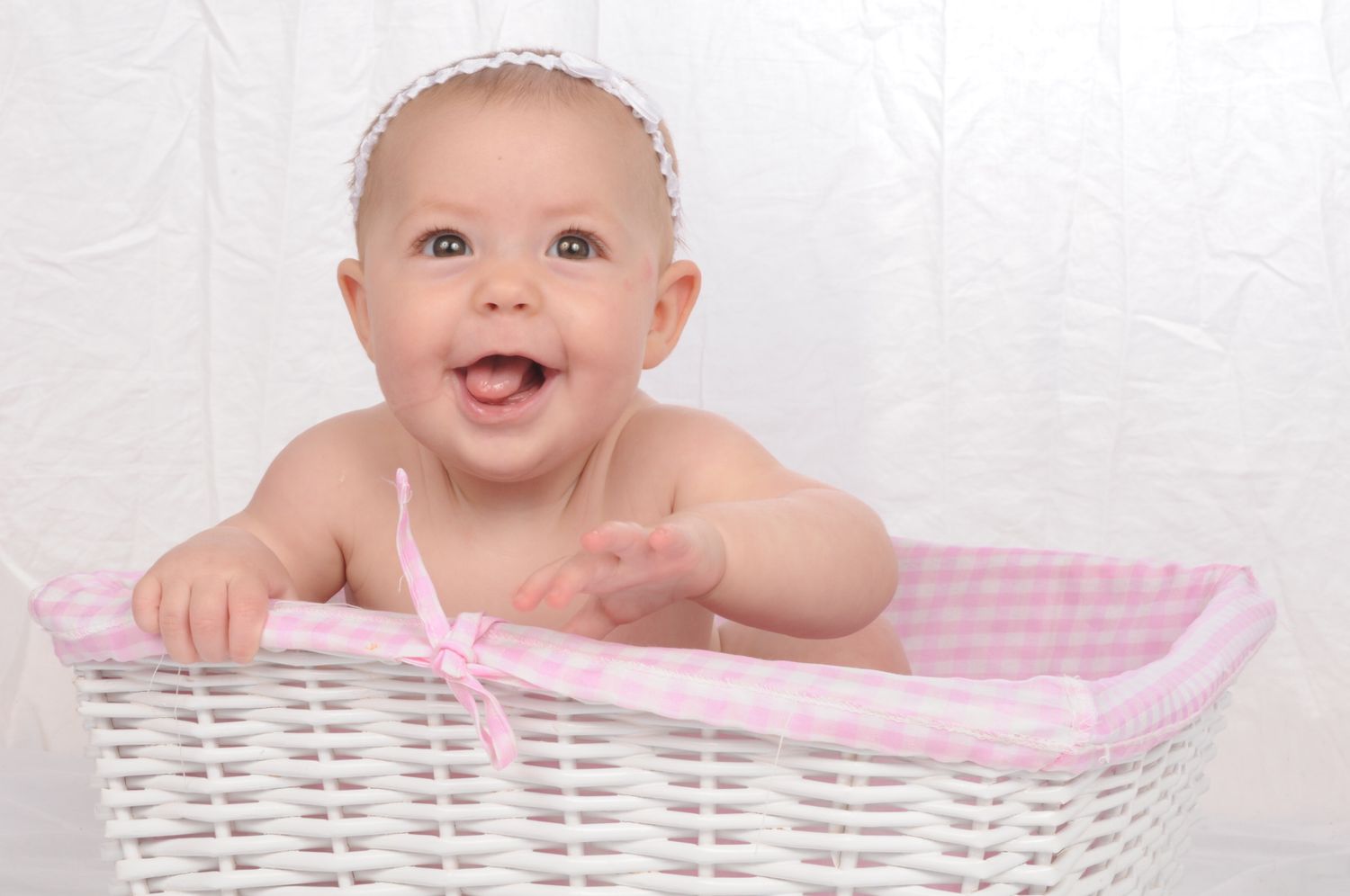 Baby in a pink and white basket in front of white backdrop