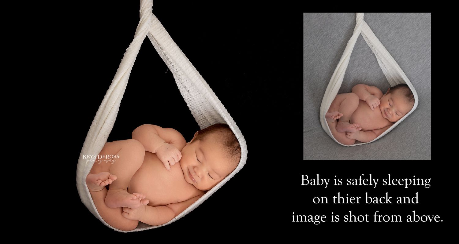 Newborn photography setup showing safe positioning in white fabric sling.