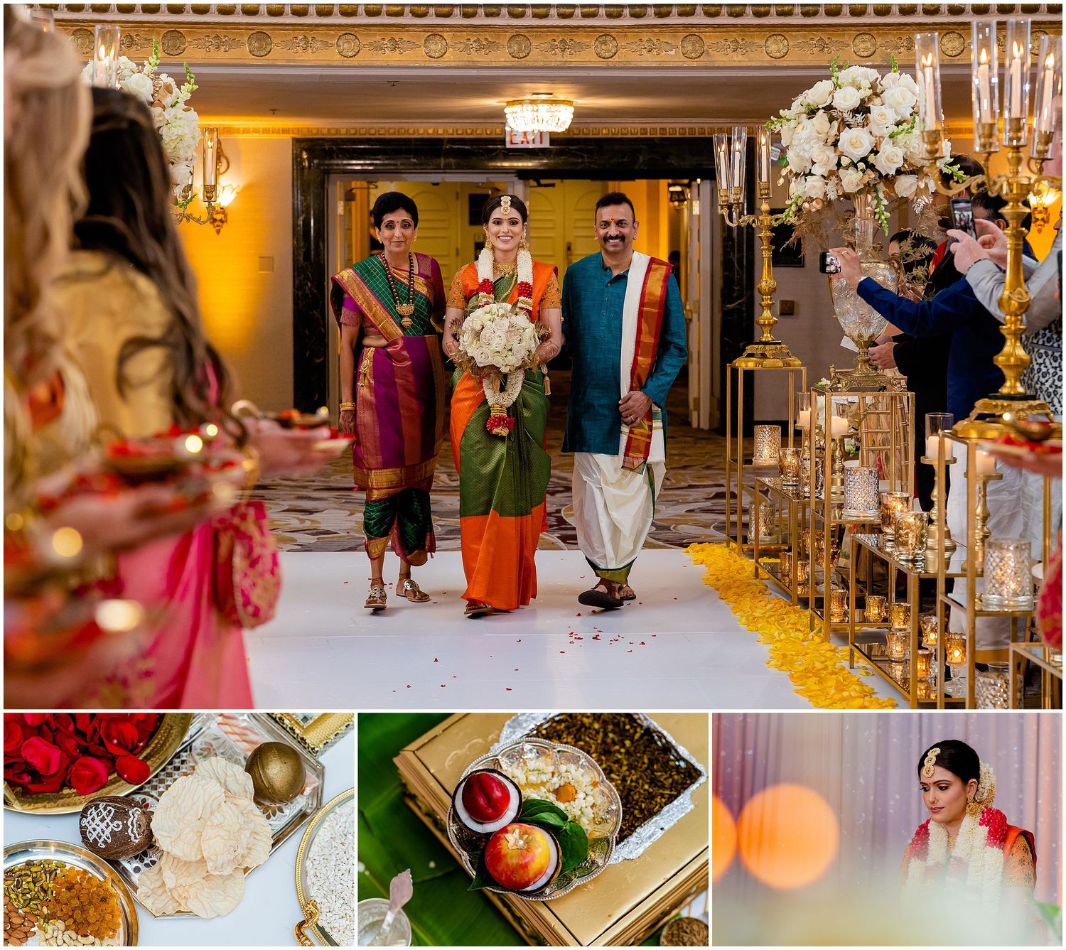 Cultural wedding celebration with traditional attire and decorative elements in golden-lit venue.