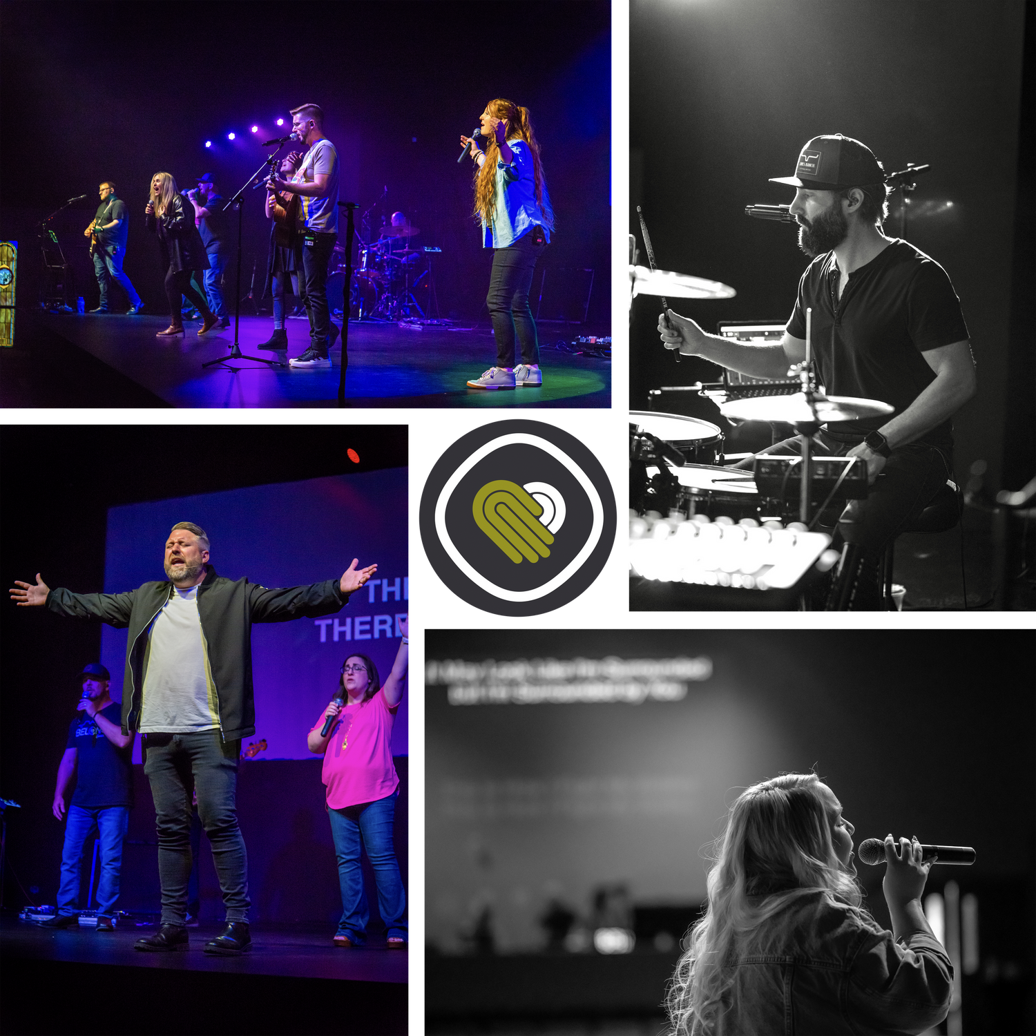 Musicians performing on stage with dramatic lighting and diverse instruments during a live concert performance.