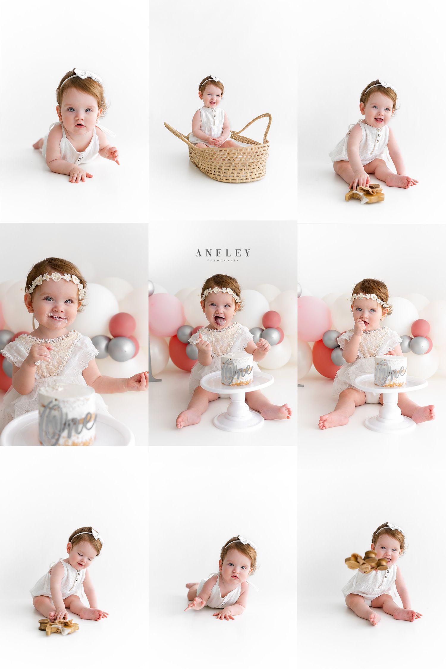 Photo collage of baby milestone moments with balloons and woven basket props.
