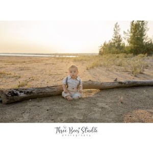 A small child in white sits on a driftwood log on a sandy beach at sunset with pine trees in the background.