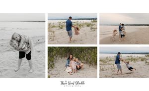 Collage of beach family photos showing moments together in sand dunes and shoreline.