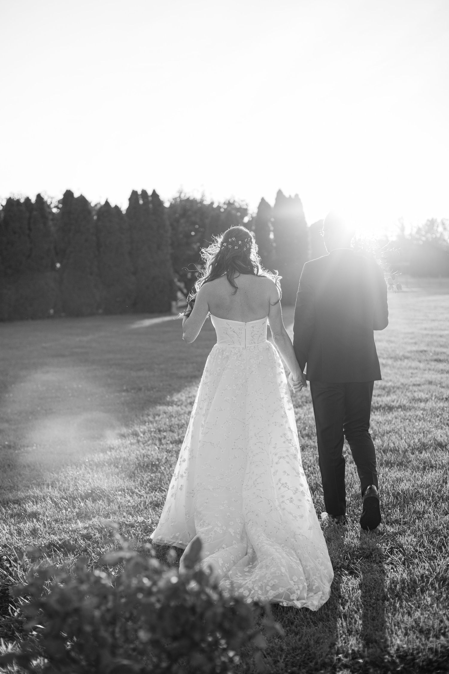 Black and white portrait of wedding couple walking into sunset on grassy field.