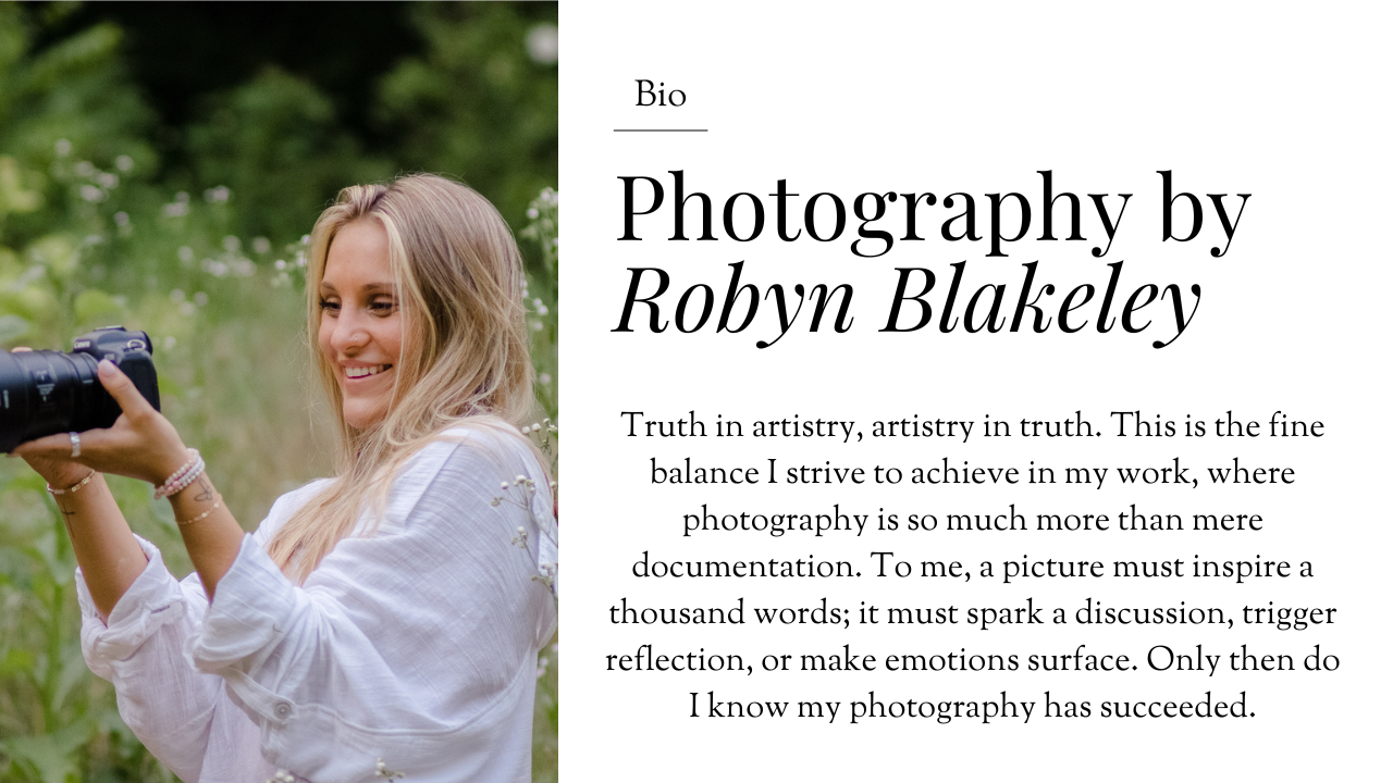 Professional photographer holding camera outdoors with business text overlay.