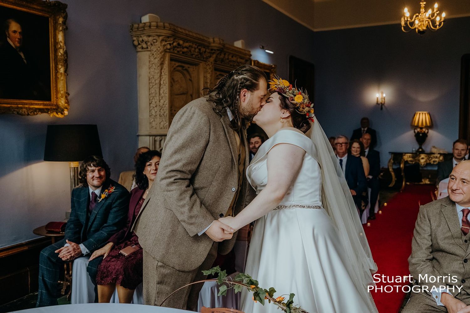 bride and grooms first kiss. Ruthin hall wedding photographer. Stuart Morris Photography.