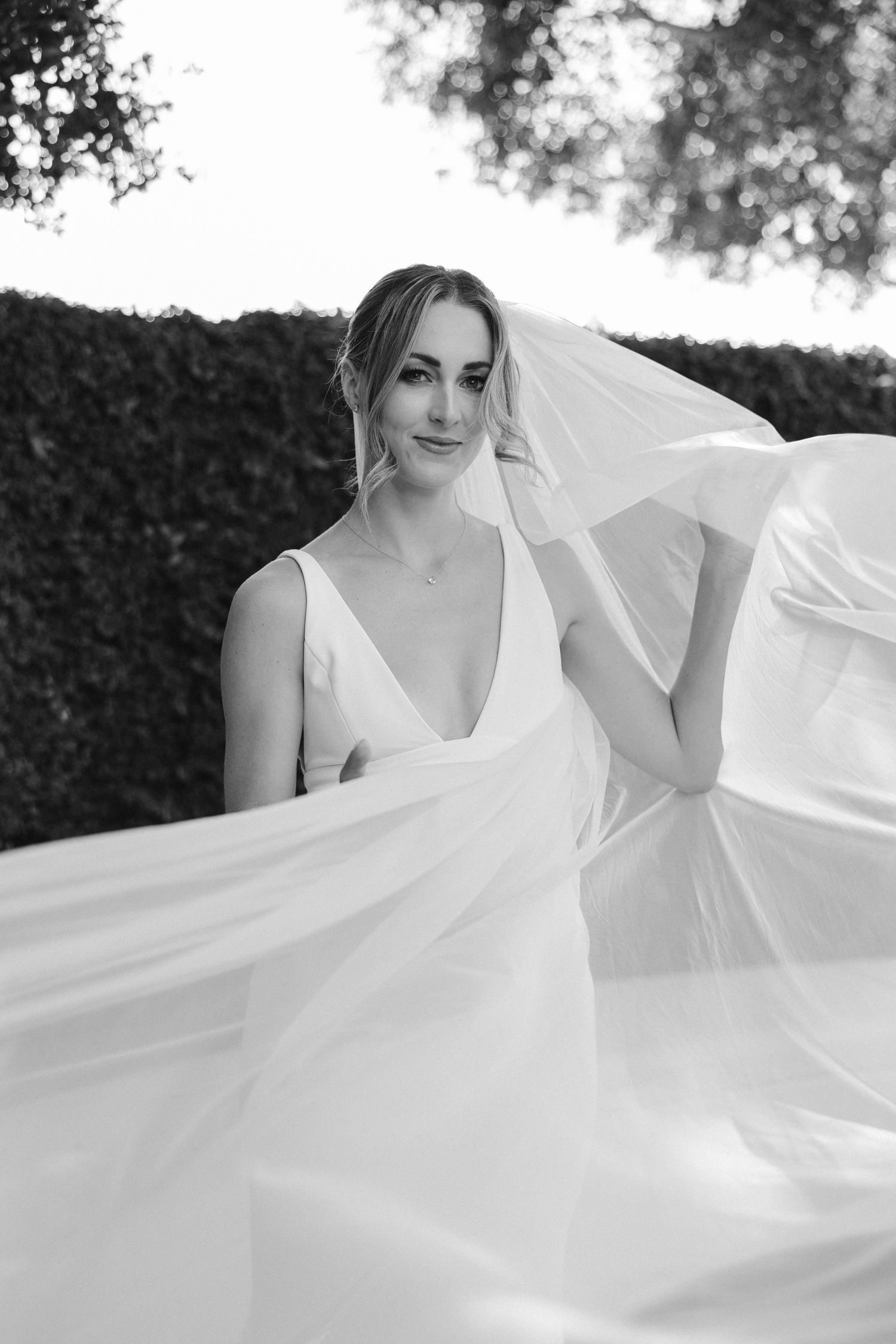 Black and white portrait with billowing veil against hedge background.