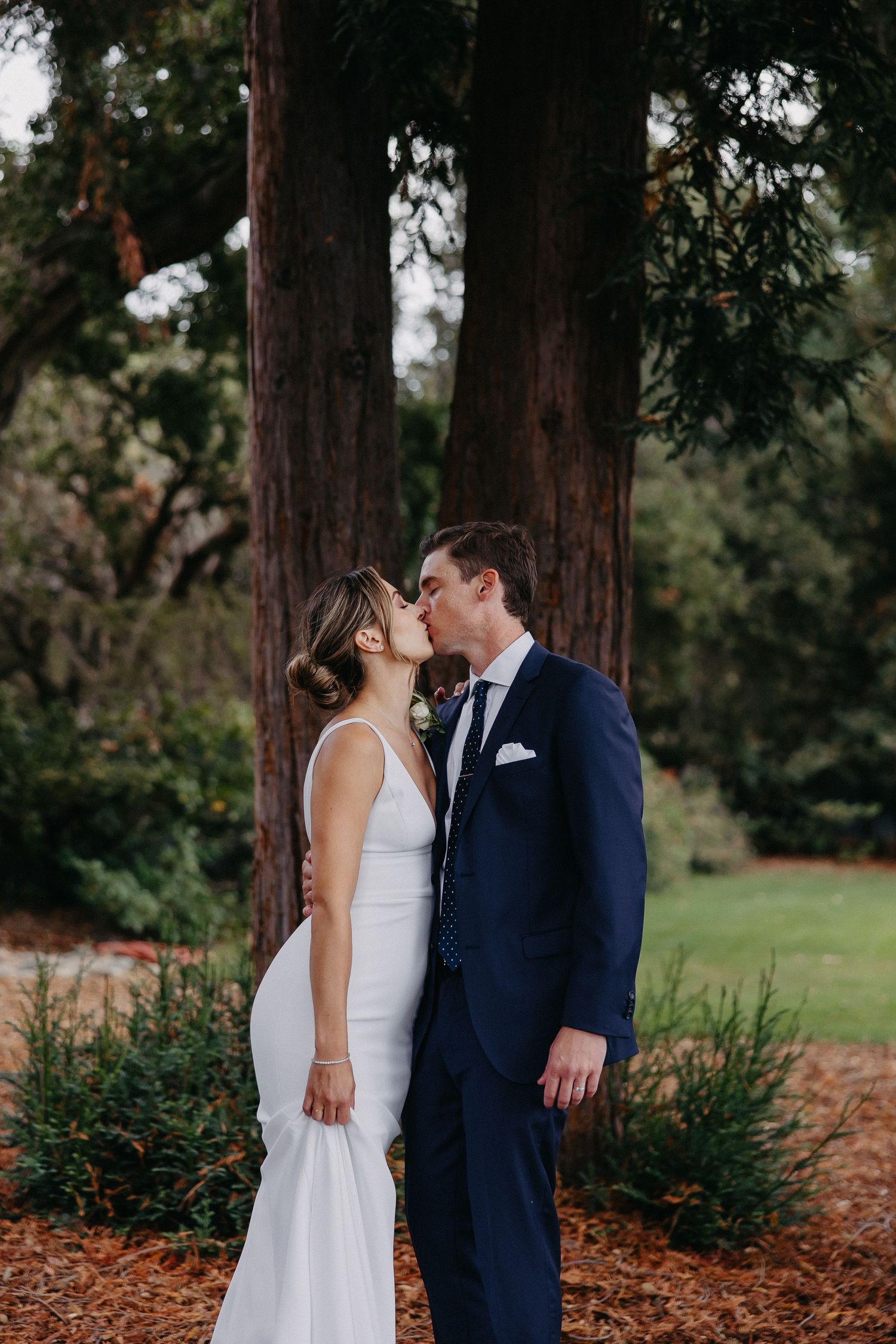 Wedding couple embracing against tall redwood trees in a romantic outdoor setting.