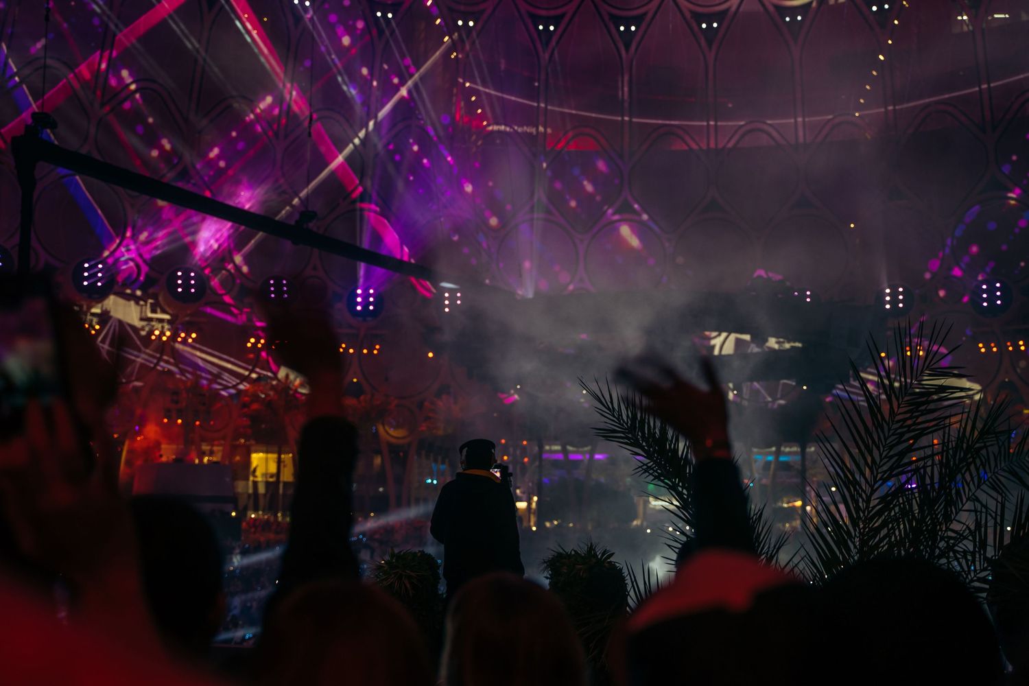 Crowd silhouettes at a vibrant concert with colorful pink and purple stage lighting and smoke effects.