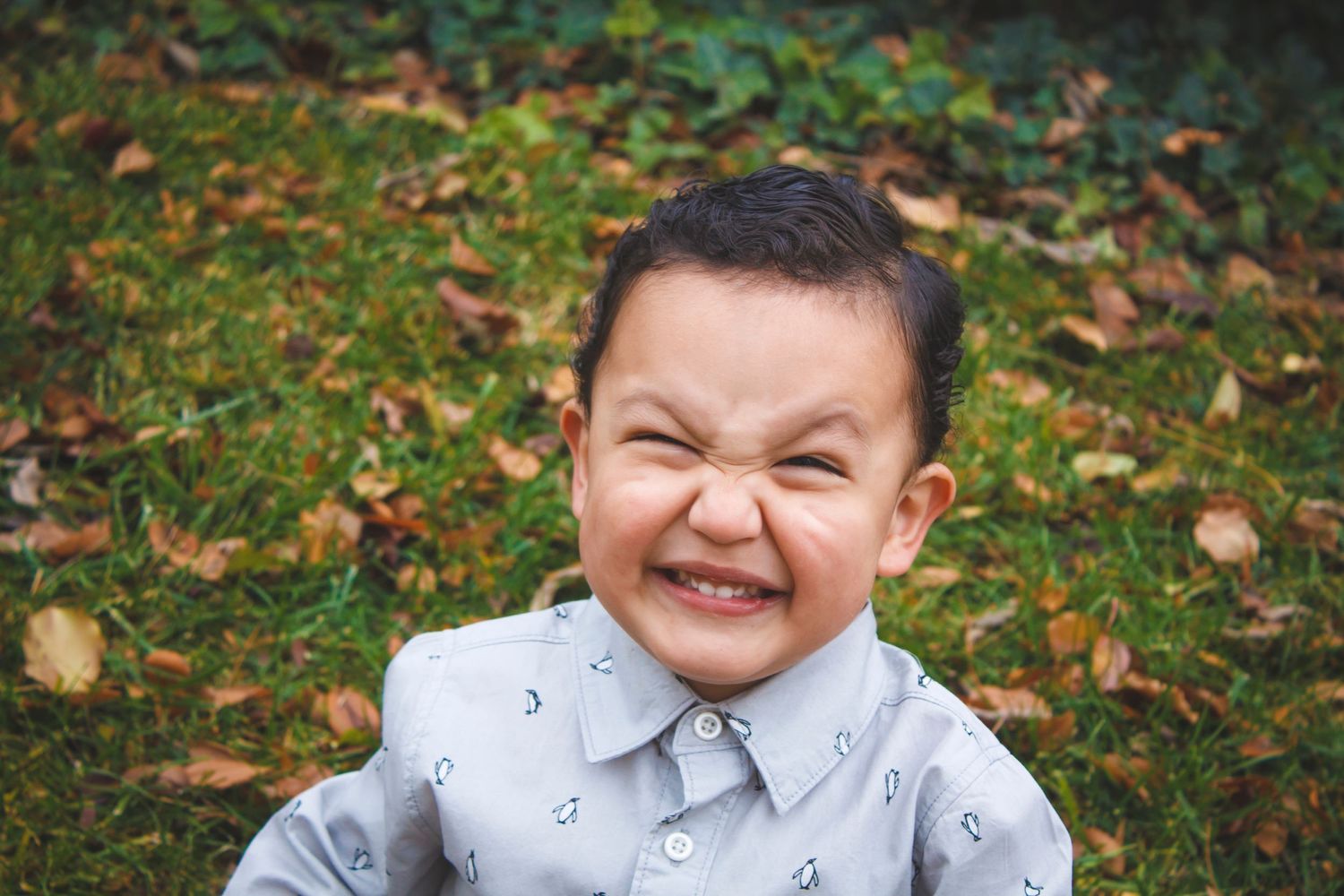 A joyful expression captured in an autumn setting with fallen leaves.