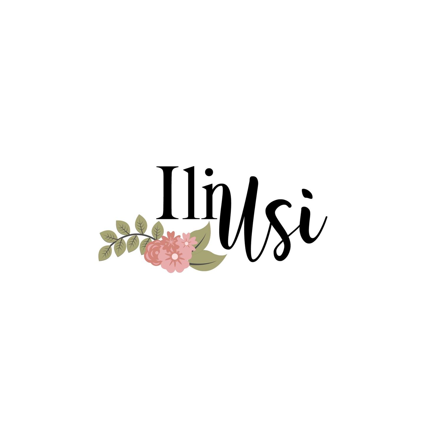 Elegant black text logo with pink floral accent and green leaves on white background.