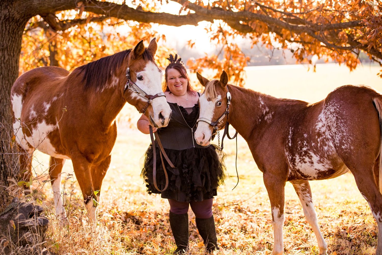 Two brown horses stand with someone in a black dress under autumn trees with golden sunlight filtering through.