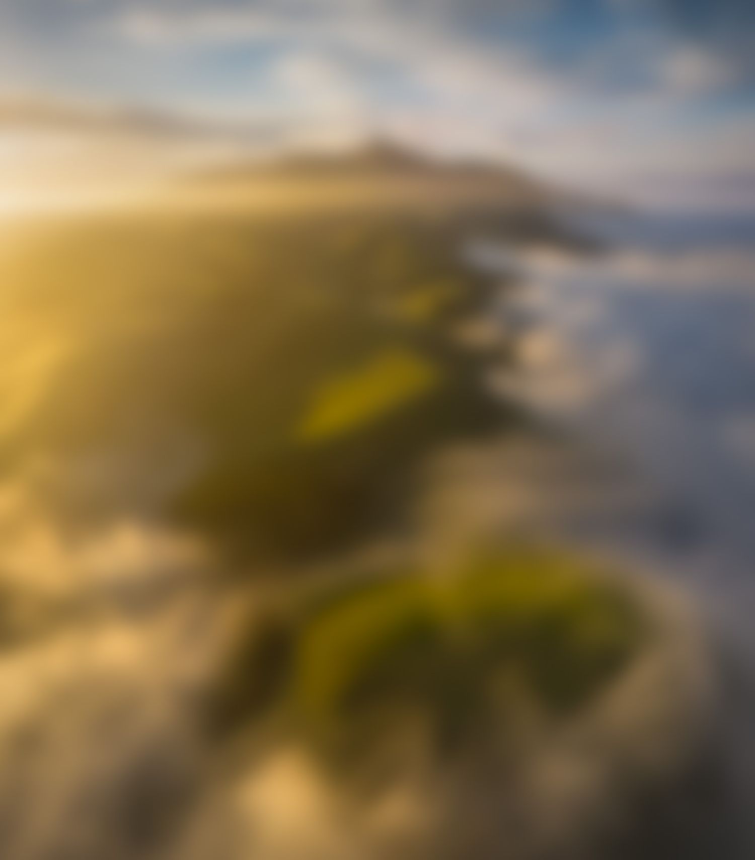Aerial view of a misty coastline with sunlit cliffs and sea.