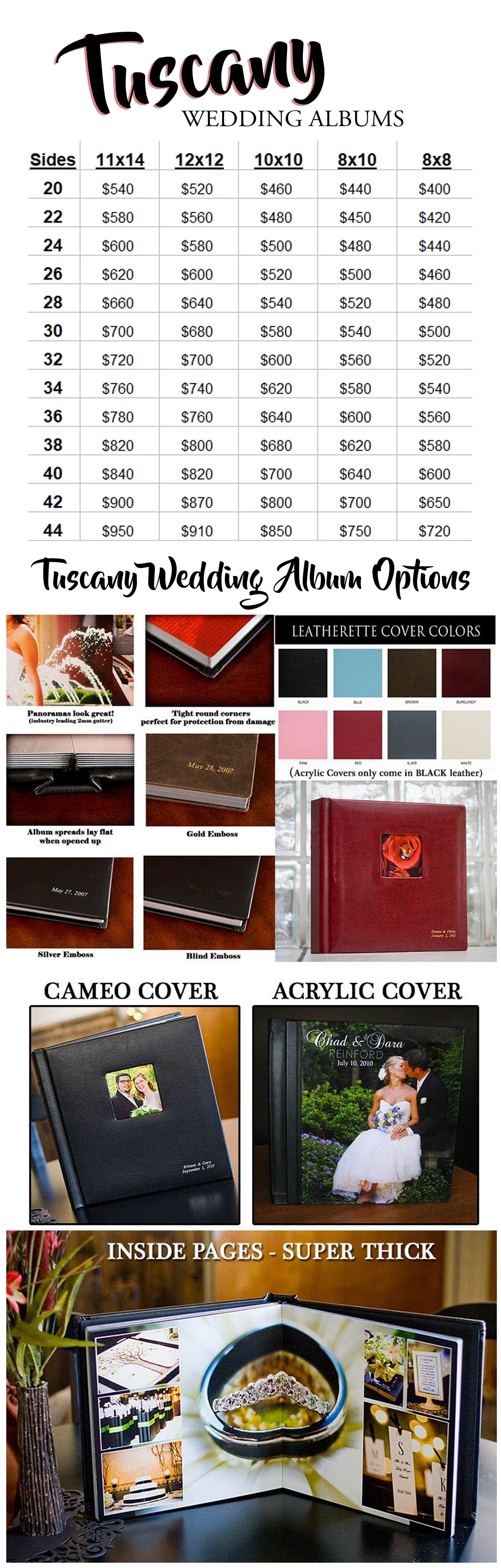 A detailed pricing and options guide for Tuscany Wedding Albums showing sizes, covers and sample layouts.