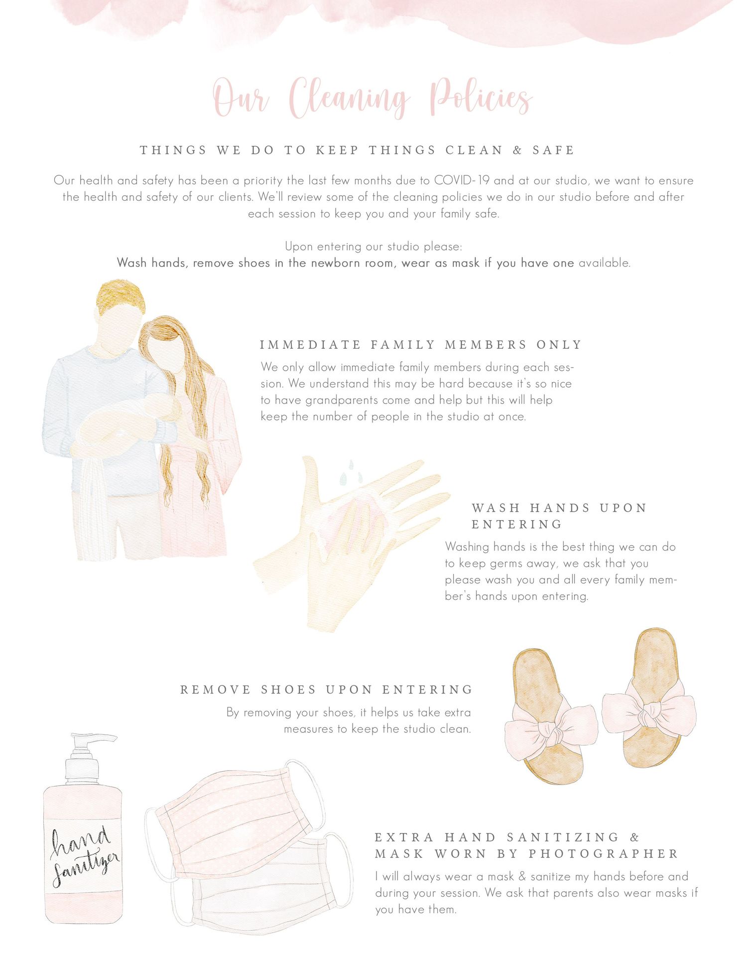 STUDIO CLEANING POLICIES | NISA MOMIN PHOTOGRAPHY |