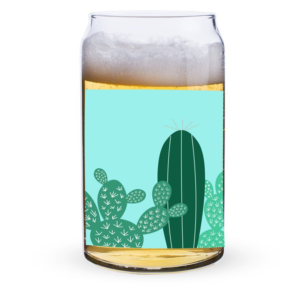 Glass beer can featuring minimalist desert cactus design in green and turquoise.