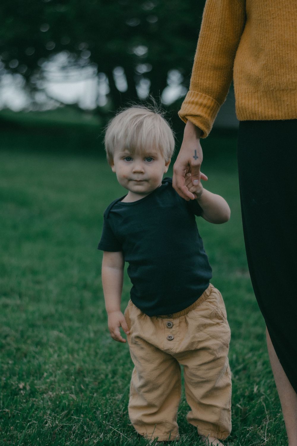 Small hand holding onto an adult's hand while walking on green grass.