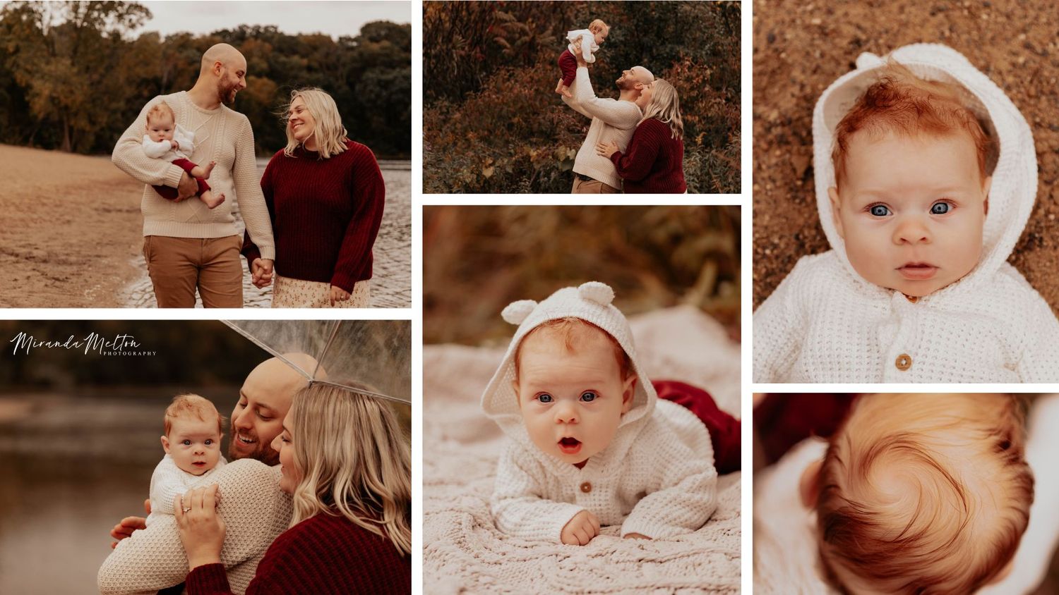 Collage of six photos from an outdoor 3-month old baby milestone session at a Minnesota lake in the fall