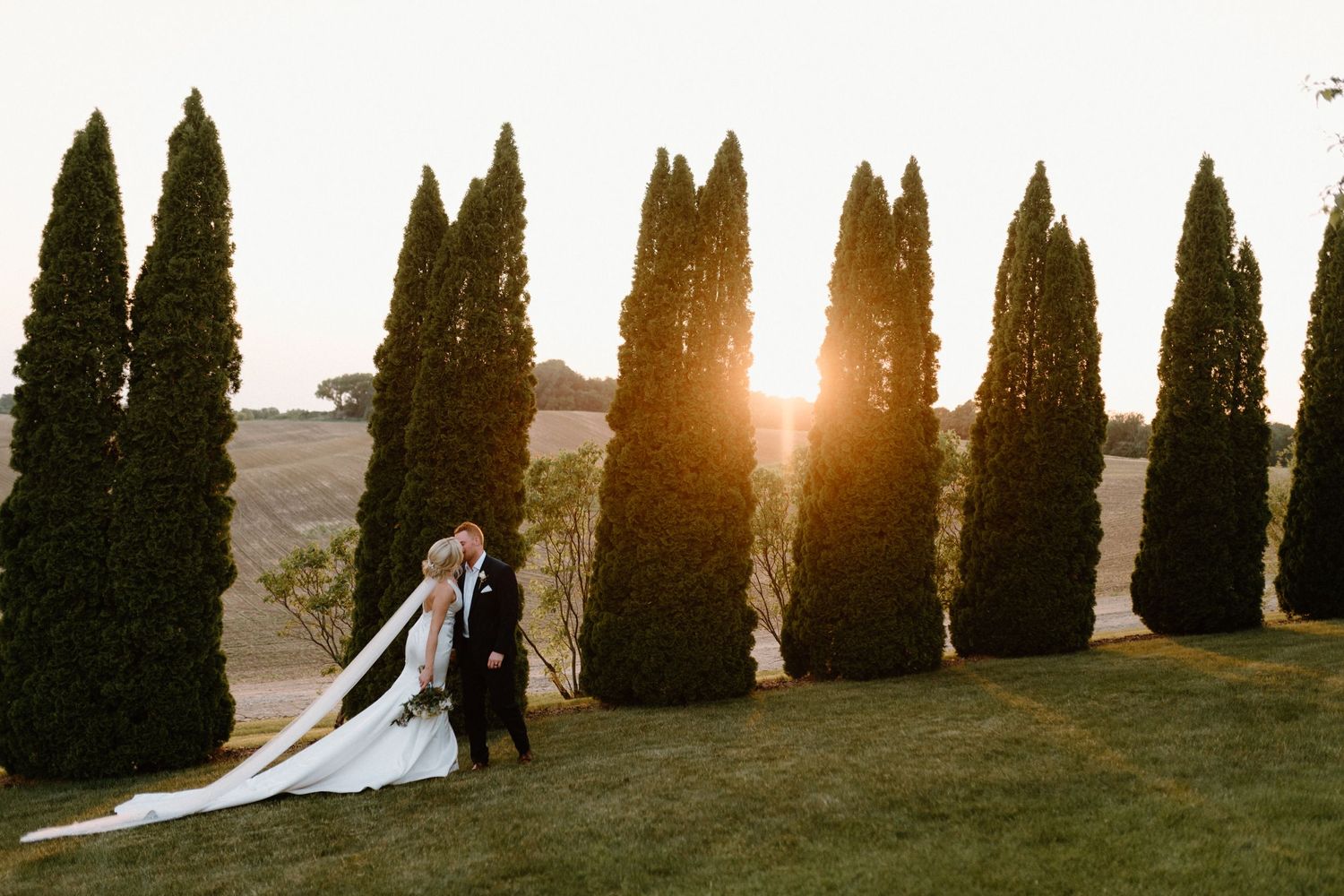 Wedding couple silhouetted against sunset among tall cypress trees.
