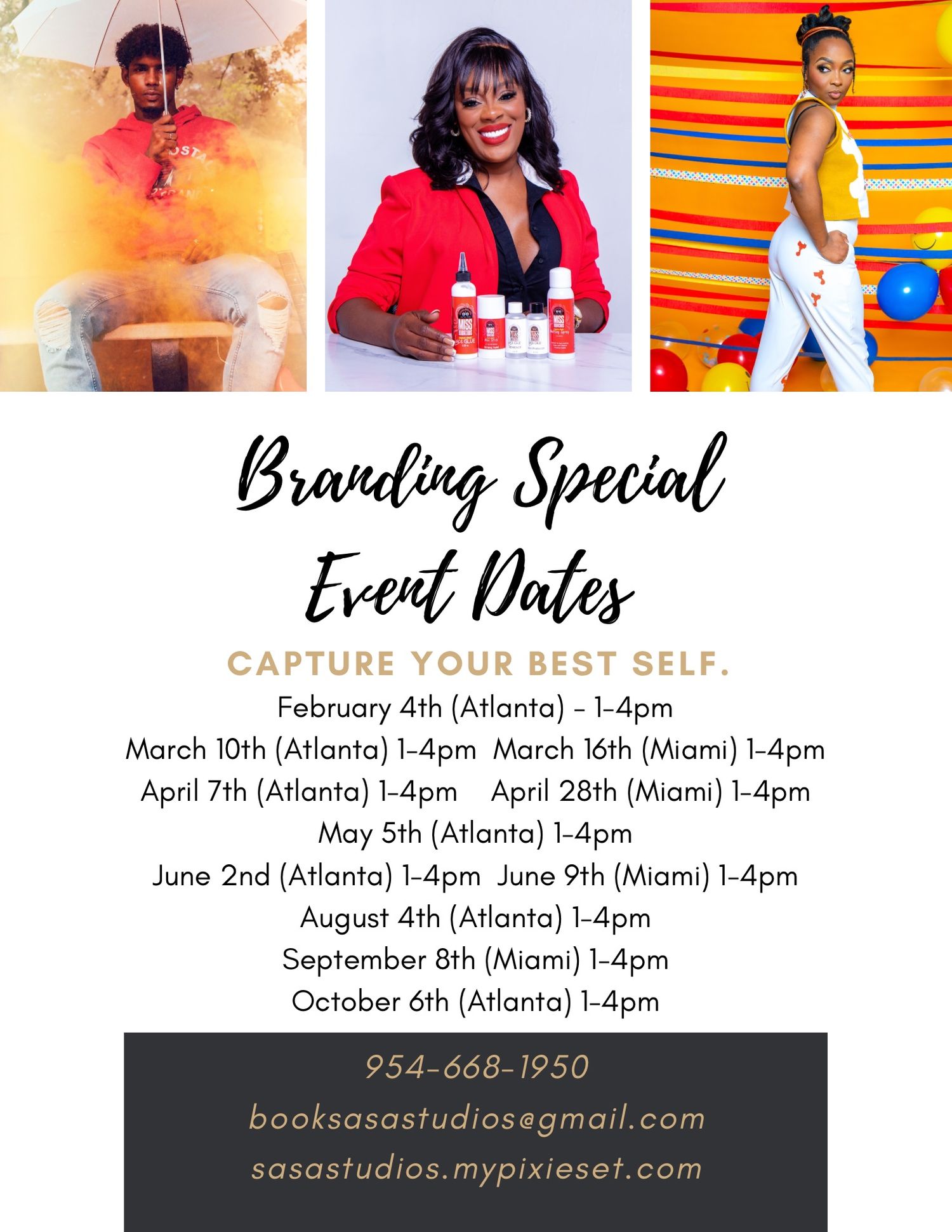 Marketing flyer showing event dates for branding photo sessions in Atlanta and Miami.