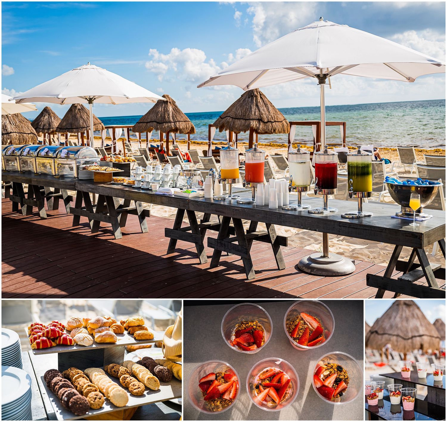 Elegant beach bar setup with tropical cocktails and umbrellas against ocean backdrop.