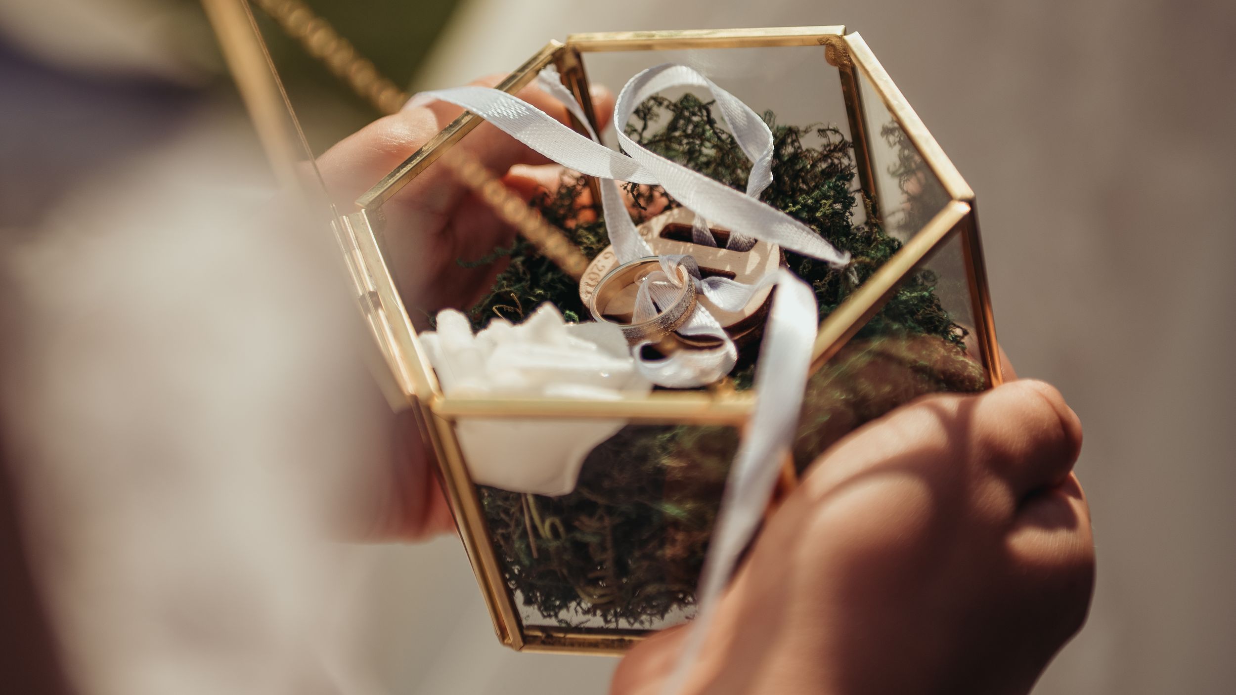 Wedding rings displayed in a geometric gold glass terrarium box held by hands outdoors.