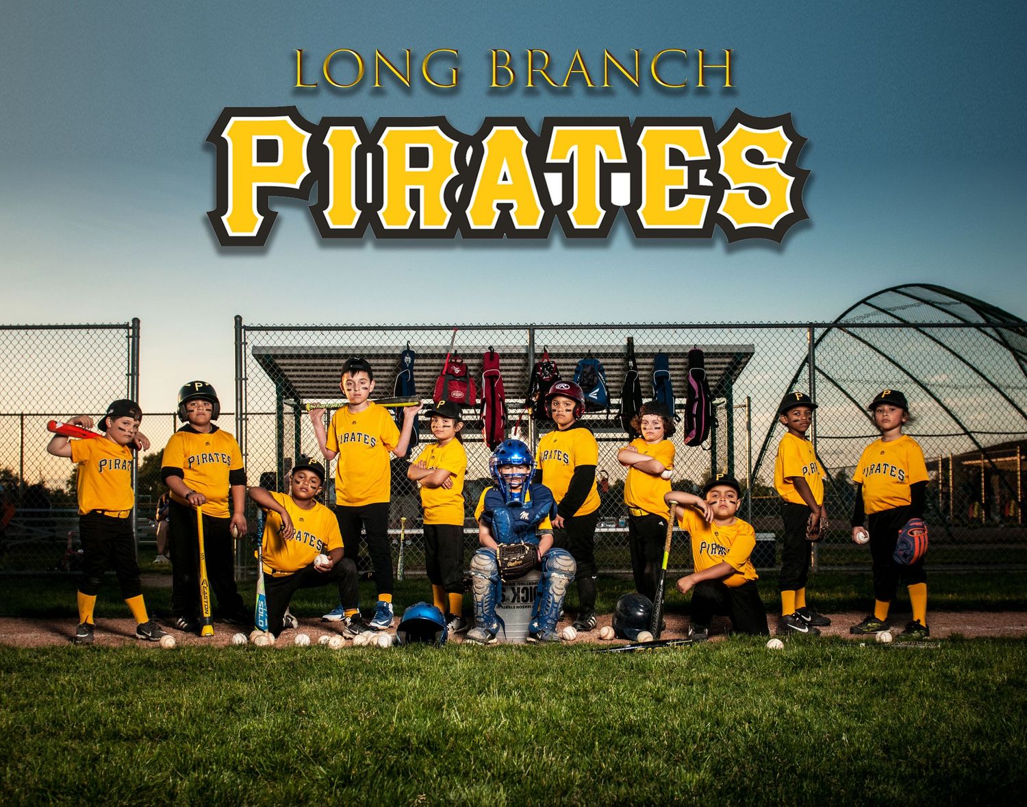 Sports team banner with Pirates text overlaid on an outdoor field background.
