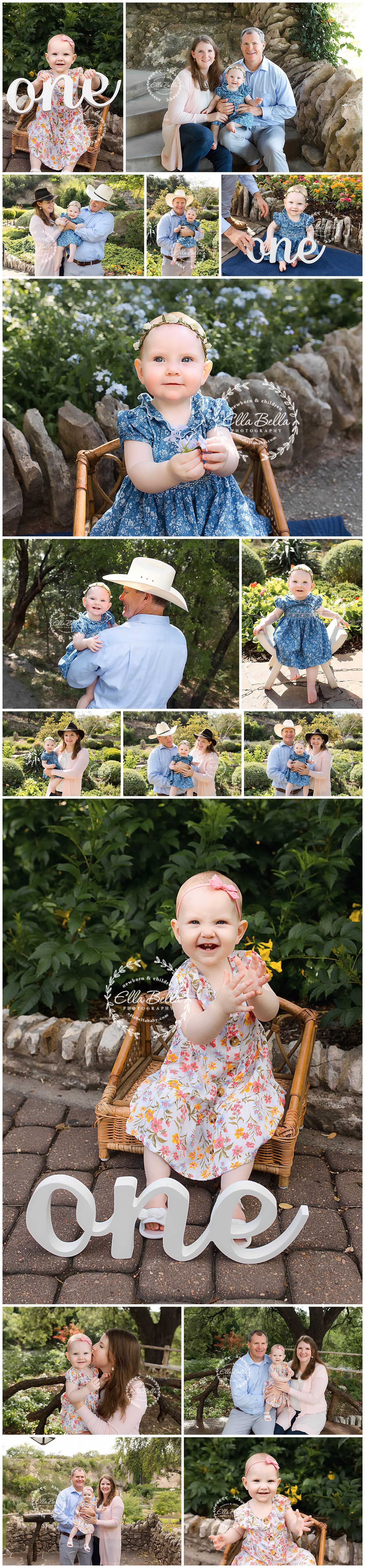Professional family photo collage featuring outdoor portraits and milestone text decorations.