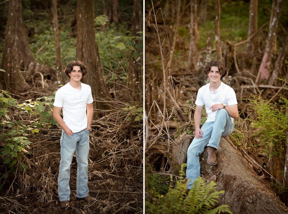 Series of outdoor poses on fallen logs in a wooded setting.