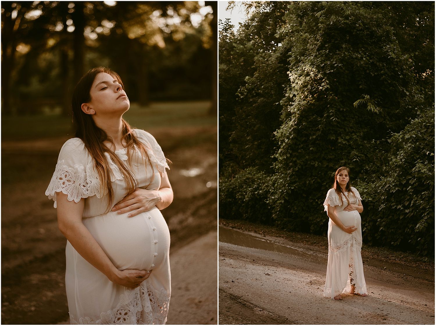 Side-by-side maternity portraits showing expectant mother in white dress during sunset photoshoot.