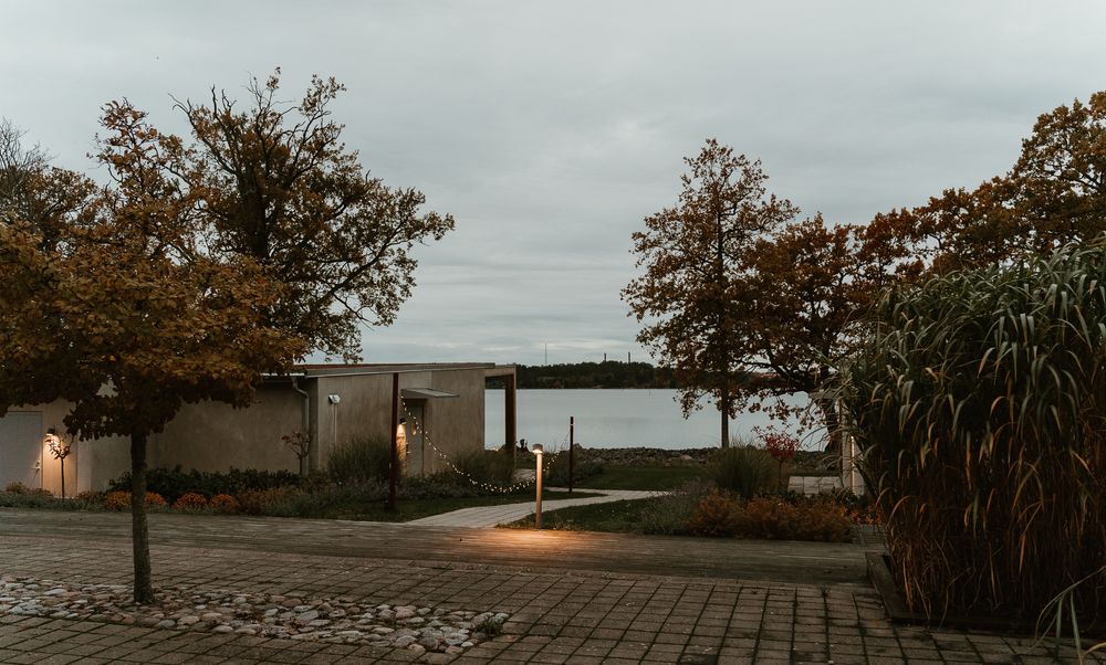 Stone pathway leading to waterfront with trees and lanterns at dusk.